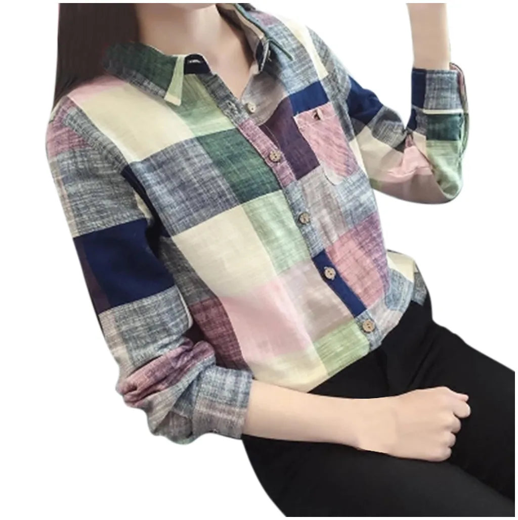 Women's Plaid Button-Up Long-Sleeve Shirt