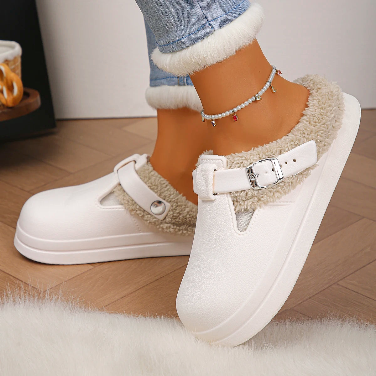 Women's Buckle-Strap Waterproof Plush Slippers