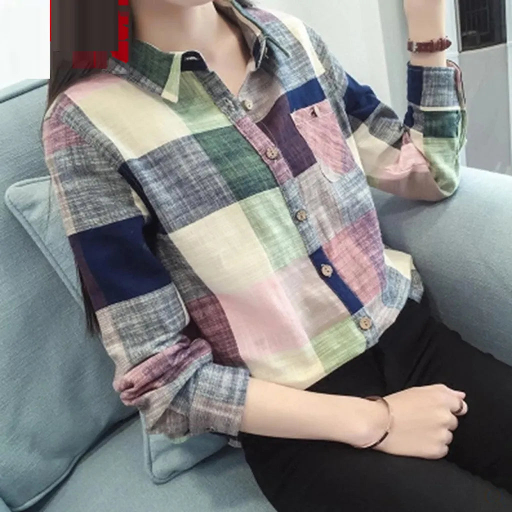 Women's Plaid Button-Up Long-Sleeve Shirt