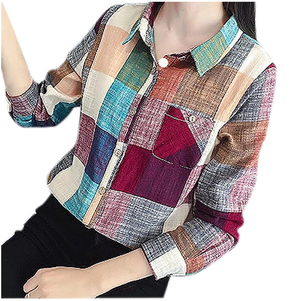 Women's Plaid Button-Up Long-Sleeve Shirt