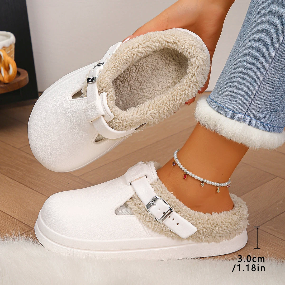 Women's Buckle-Strap Waterproof Plush Slippers