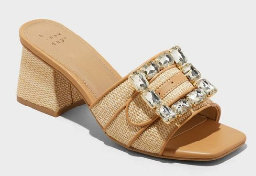 Women's Kathleen Raffia Buckle Block Heels - A New Day Beige